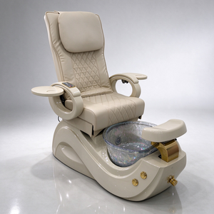 Sillón de Pedicura de Lujo para Spa y Salón de Uñas, Estación de Masaje y Pedicura, Sillón de Pedicura de Cuero Beige con Tazón de Vidrio y Accesorios Dorados - Product Image 1