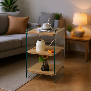 Mobile da Soggiorno a Tre Ripiani in MDF Naturale e Vetro, Arredamento Moderno Minimalista per la Casa - Product Image 2