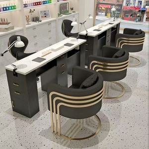 High-end cream-colored nail salon <b>table</b> and chair set with marble tabletop and built-in vacuum cleaner socket - Product Image 2