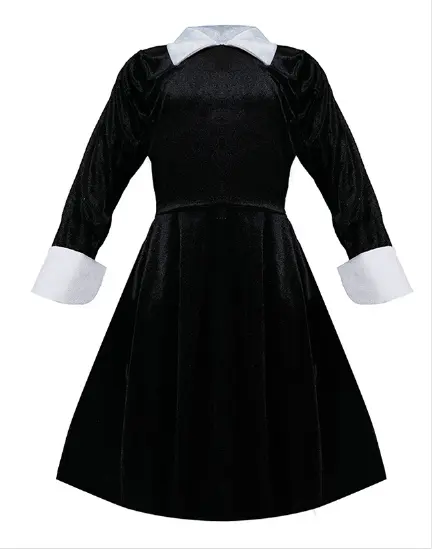 Costume Funmular mercredi pour filles robe noire vintage décontractée à manches longues avec col pour Costume d'halloween