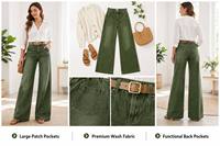 Jean pour femme taille haute, coupe large, vert olive, grandes poches plaquées, ourlet brut, délavage vintage, style baggy