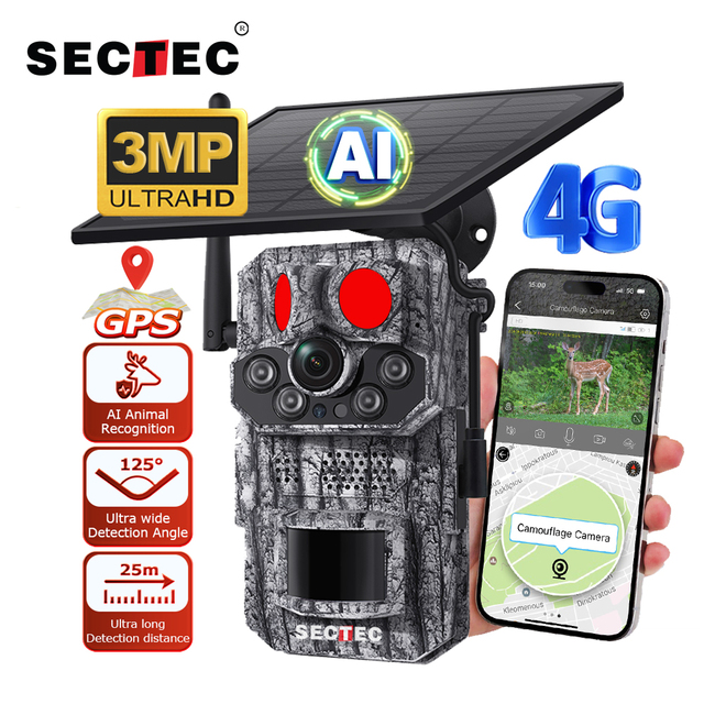 SECTEC 3MP 4G LTE Cellular Trail Cameras Solar Wildlife Core No Glow Trail Cameras GPS Tracking Trail Hunting Camera for Hunting