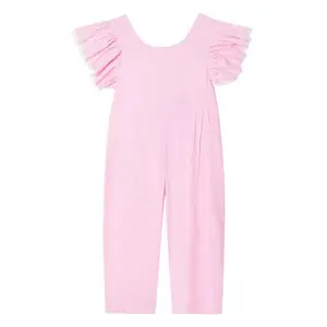 Combinaison d'été à manches volantes pour enfants pantalon long en lin avec nœud papillon rose pantalon une pièce pour petite fille
