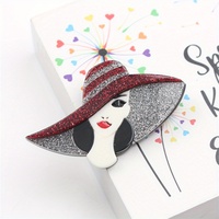 Broche élégante et atmosphérique en acétate d'acrylique avec chapeau à large bord pour femme, cadeau de fête des Mères