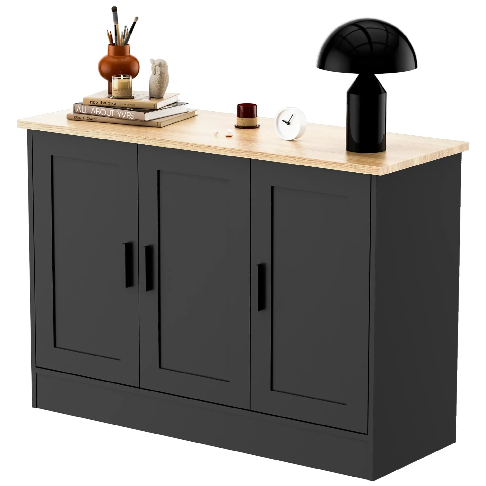 ארון מזנון בעיצוב מלוטש שחור שלוש דלתות ארון בר קפה שני מדפים מתכווננים מזנון מזנון מטבח