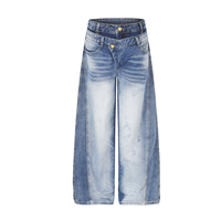 Celana Jeans Pria Grosir Model Double Waistband Straight Leg Vintage Washed Denim Heavyweight 2026 Gaya Baru Streetwear Custom OEM