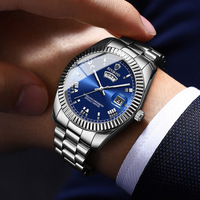 Montre de luxe pour homme d'affaires, lunette cannelée, index en cristal, fenêtre de date unique, en acier inoxydable, étanche