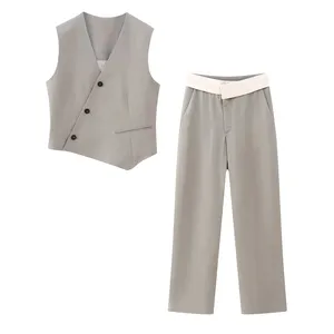 Gray color single breasted v neck sleeveless casual fashion vest waistcoat for women