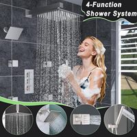 Système de douche thermostatique haut de gamme en laiton nickel brossé, pommeau de douche pluie carré mural de 10 pouces, ensemble mitigeur 4 poignées