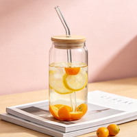 Grand Gobelet en Verre Grande Capacité avec Couvercle en Bambou et Paille – Tasse Transparente en Forme de Canette pour Boissons Quotidiennes à Domicile