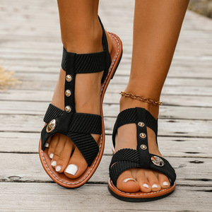 Women Cross <b>Elastic</b> Strap Flat <b>Sandals</b> Open Toe Metal Decor Adjustable Summer Beach <b>Sandals</b> Plus Size - Product Image 4