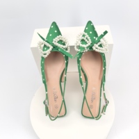 Sandales d'été élégantes à talons aiguilles vertes, motif pois, avec nœud perlé, pour femme
