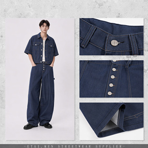 Conjunto de Dos Piezas en Mezclilla: <span class=keywords><strong>Chaqueta</strong></span> de Manga Corta y Jeans de Pierna Ancha con Cierre de Cinco Botones, Color Crema Índigo Personalizado - Product Image 2