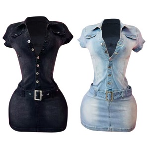Abito <span class=keywords><strong>in</strong></span> Denim a maniche corte elasticizzato di nuova moda 2025 estivo Casual e aderente Mini abito <span class=keywords><strong>con</strong></span> <span class=keywords><strong>cintura</strong></span> da donna - Product Image 2