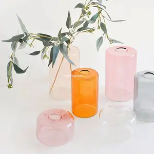 Hand Geblazen Hittebestendige Gekleurde Borosilicate Lang Cilinder Glas Bloemknop Vaas