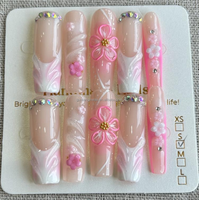 Uñas postizas acrílicas hechas a mano, largas, con forma de ataúd, con dijes de perlas 3D rosas, para chica dulce, estilo salón.