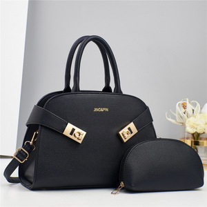 Ensemble de sacs Boston pour femmes Jingapin, sac à main en cuir noir avec fermeture à glissière et pochette assortie pour un usage quotidien - Product Image 1