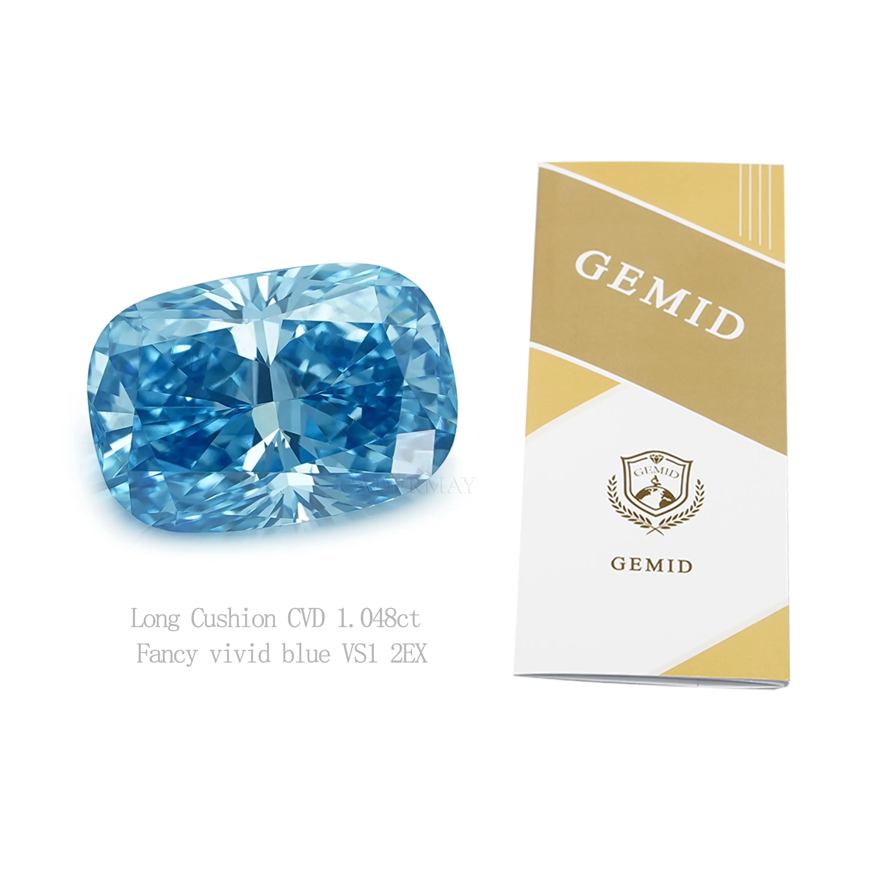 HPHT CVD laboratorium biru cerah, mewah buatan berlian 1ct bantal panjang longgar berlian sintetis dengan sertifikat GEMID berlian berwarna-warni