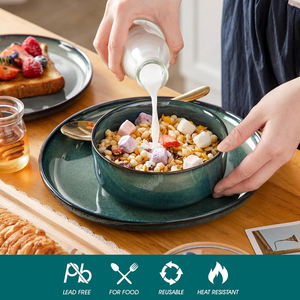 18-Piece Solid Pattern <strong>Dinnerware</strong> <strong>Set</strong> <strong>6</strong> Green Reactive Glaze Ceramic Round Plates Bowls Dishwasher Microwave Safe All Occasions - Product Image 3