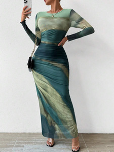 Vestido Largo de Malla Tie Dye Sostenible en Varios Colores para Mujer, Elegante, Cuello Redondo, Manga Larga, Ajustado, para Fiesta, con Decoración Drapeada, Lavable - Product Image 2