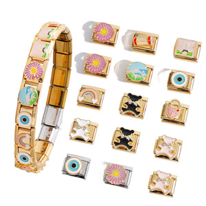 Bracelet modulaire élastique italien en acier inoxydable avec breloques incrustées de zircon, ensemble de bijoux unisexe, cadeau - Product Image 1