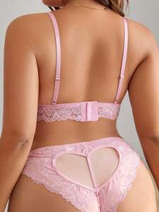 Conjunto de Lencería Sexy de 2 Piezas para Mujer Talla Grande, Bragas con Bordado Rosa de Alta Calidad, Encaje con Pedrería, Corazón Hueco, Estilo Profundo y Sensual - Product Image 4