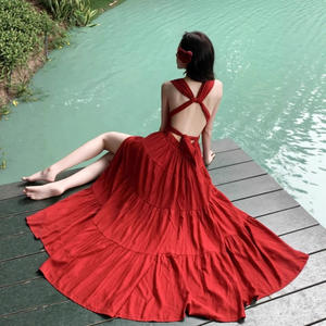 Vestido de Noche Largo con Cuello Halter, Estilo Vintage, de Gasa, Cintura Alta, Espalda Descubierta, Color Sólido, en Rojo Vino, Verde Oscuro y Negro - Product Image 2