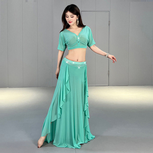 2024 Newest Sexy Deep V-neck tank Top Short Sleeve With High <strong>Split</strong> <strong>Skirt</strong> for Oriental Belly Dance Training Costumes Set - Product Image 4