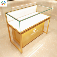Vitrine de Comptoir en Verre de Luxe Moderne avec Éclairage LED, Design Nouveau, Base Bleue, Cadre Argenté, pour Bijouterie, Robuste