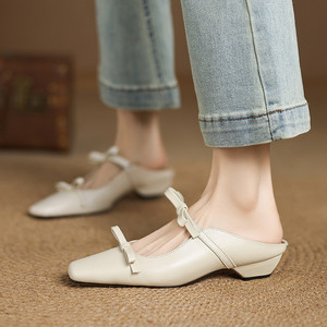 Summer Casual Open Toe Sandals <b>with</b> Double <b>Bows</b> Breathable Anti-Slippery Low Heel Square Toe Slip-On <b>Shoes</b> - Product Image 4