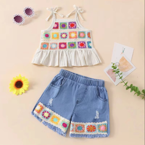 Foreign Trade Children's Clothing Spring and Autumn Ethnic Style Girls <b>Suspender</b> Embroidered Top Denim Shorts <b>Set</b> - Product Image 1