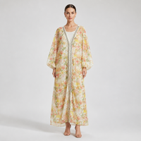 Cardigan Kaftan Élégant pour Femme à Imprimé Floral avec Fermeture Éclair, Manches Lanterne Perlées à la Main, Veste Abaya Modeste pour l'Aïd et le Ramadan – Vente en Gros