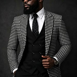 Completo da Uomo Elegante in Tessuto Pied-de-Poule Nero, Vestibilità Slim, 3 Pezzi: Giacca, Pantaloni e Gilet, Abbigliamento Maschile Raffinato per Matrimoni - Product Image 1