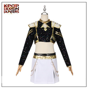 Traje de actuación Kpop Starry Romance, Top corto con lentejuelas en negro y dorado con falda blanca para mujer, ropa de escenario - Product Image 1