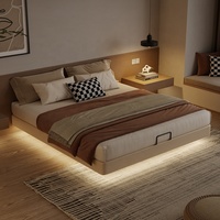 Lit Double Moderne et Simple Multifonctionnel avec Coffre de Rangement Élevé, Design LED, pour Chambre, Hôtel et Appartement