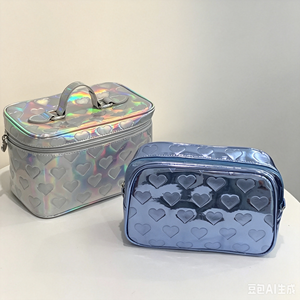 Sac de maquillage de voyage en PU laser brillant avec fermeture éclair à motif cœur, grande capacité, sac cosmétique pour femmes pour les voyages - Product Image 2