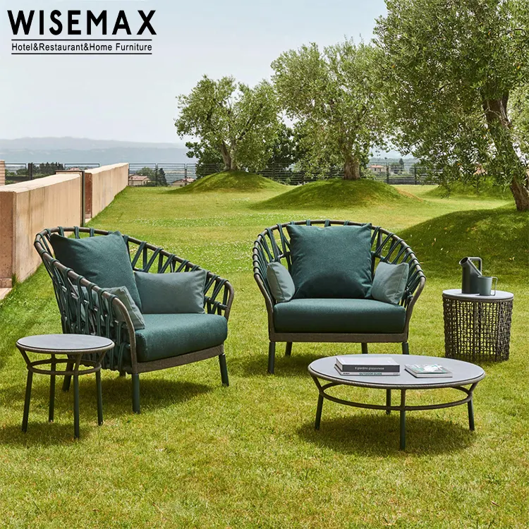 Wisemax mobiliário nórdico, móveis para uso ao ar livre, tamanho grande, corda em rattan, tecido impermeável, conjunto de sofá para jardim