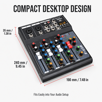 E4USB Mini-mixeur audio 4 canaux, table de mixage compacte professionnelle, lecteur MP3 Bluetooth USB, égaliseur 3 bandes pour diffusion en direct, studio à domicile