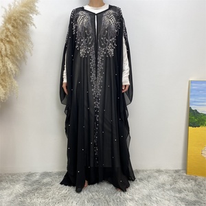 6741 #   Nuevo Cárdigan de Chifón de Lujo con Bonitas Perlas Blancas y Mangas Murciélago con Pedrería, Abaya Abierta con 2 Agujeros en las Mangas - Product Image 5
