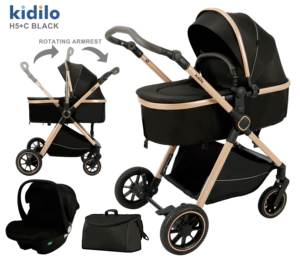 Poussette bébé Kidilo 3-en-<span class=keywords><strong>1</strong></span> en alliage d'aluminium H5+C avec système de dossier <span class=keywords><strong>inclinable</strong></span> multi-positions, landau et siège <span class=keywords><strong>auto</strong></span> pour nouveau-nés - Product Image 4