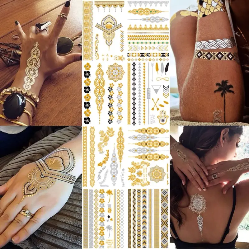 Металлическая водостойкая Татуировка Flash, золотая, серебряная, женская модная хна/перо павлина, дизайнерская временная татуировка, наклейка