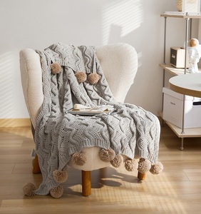 Mantas de Punto Grueso Acrílico a Cuadros PLHMIA, Cálidas y Gruesas, Decorativas <span class=keywords><strong>con</strong></span> <span class=keywords><strong>Pompones</strong></span>, Estilo Europeo-Americano, Uso en las Cuatro Estaciones, Portátiles - Product Image 4