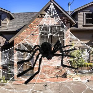 Decoraciones <span class=keywords><strong>de</strong></span> pared <span class=keywords><strong>de</strong></span> fiesta <span class=keywords><strong>de</strong></span> <span class=keywords><strong>Halloween</strong></span> para interiores <span class=keywords><strong>y</strong></span> exteriores Tela triangular enorme Telaraña con araña peluda <span class=keywords><strong>y</strong></span> telaraña súper elástica - Product Image 5