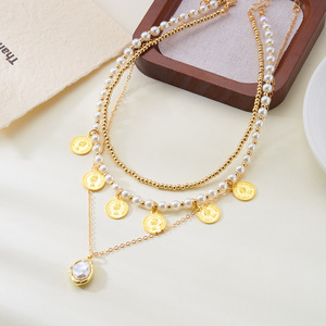 <span class=keywords><strong>Collier</strong></span> multicouche en alliage de perles plaqué or avec pendentif pièce de monnaie, style affirmé pour femme - Product Image 2