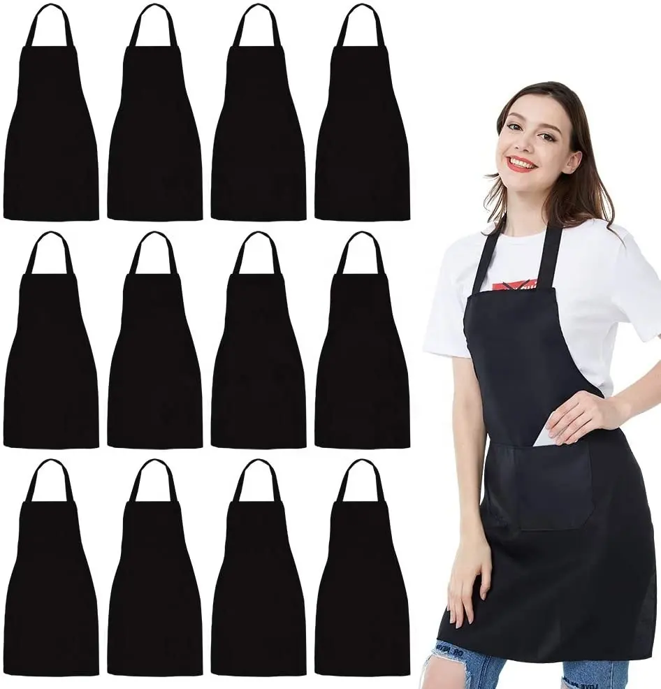 12 Pak Slabbetje Unisex Zwart Schort Bulk Met 2 Ruime Zakken Wasbaar Voor Keuken Crafting Bbq Tekening