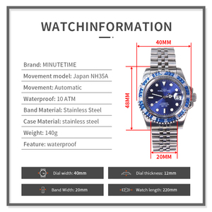 นาฬิกาข้อมือ MINUTETIME รุ่นสั่งทำพิเศษ NH35 ประดับเพชร สีน้ำเงิน ระบบจักรกลอัตโนมัติ หน้าปัด NH35 กันน้ำ 10 บาร์ นาฬิกาข้อมือหรูสำหรับผู้ชาย - Product Image 6