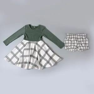 Baju katun rajut musim gugur baju kasual lengan panjang motif kotak-kotak warna Solid Bodice dengan pakaian Gingham Bloomers