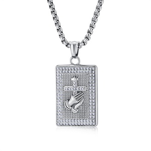 Collier Croix Mains Pliées Plaqué Or Hip-hop avec Zircon Incrusté, Bijou Pendentif Chrétien - Product Image 5