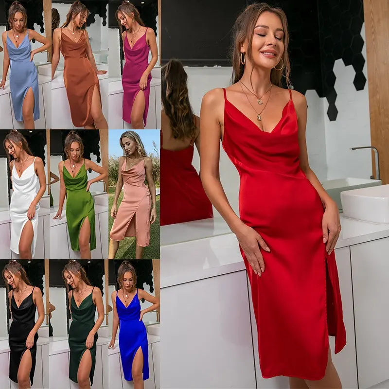 2023 Spaghetti Strap Backless Elegant Red Satin Dresses Women Split Bodycon Occasion Sexy Party Club abito da sera Ladies