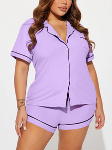 Conjunto de Pijama Clásico con Cuello Solapa para Mujer, Ribete en Contraste, Manga Corta y Pantalones Cortos, Dos Piezas, Ropa de Dormir - Product Image 5